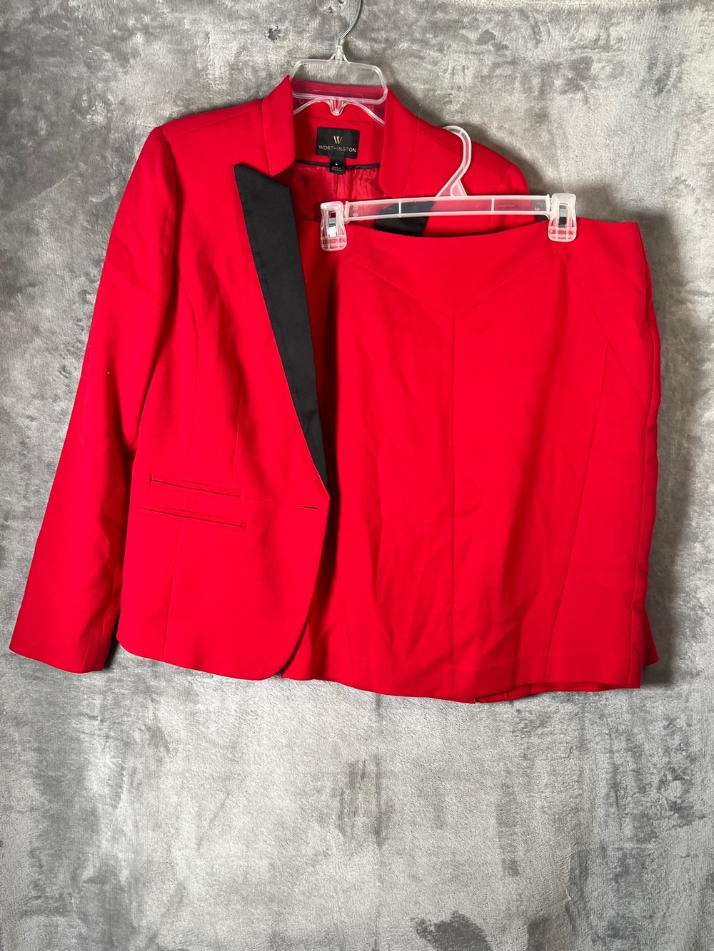 Worthington Bright Red Blazer and Skirt with Black Lapel Detail